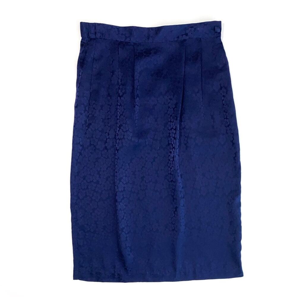 Vintage Argenti Petites Silk Navy Blue Floral Brocade Pencil Skirt Size 4P